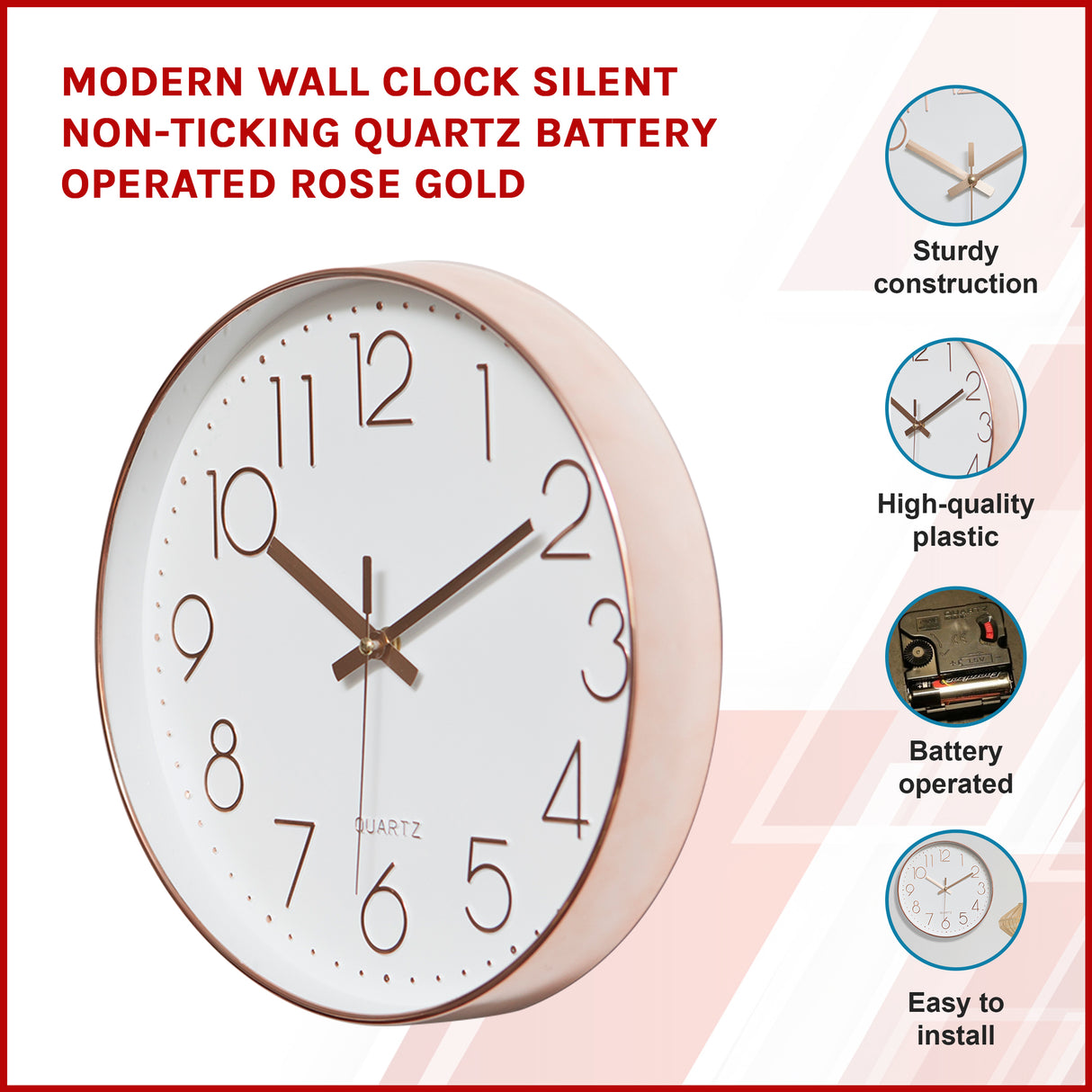 Modern Rose Gold Wall Clock – Silent Non-Ticking Quartz Battery Operated Design