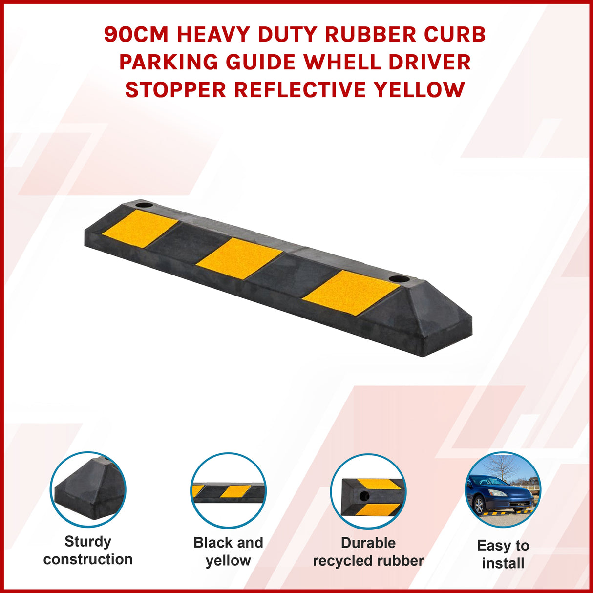90cm Heavy Duty Rubber Curb Parking Guide Wheel Driveway Stopper Reflective Yellow
