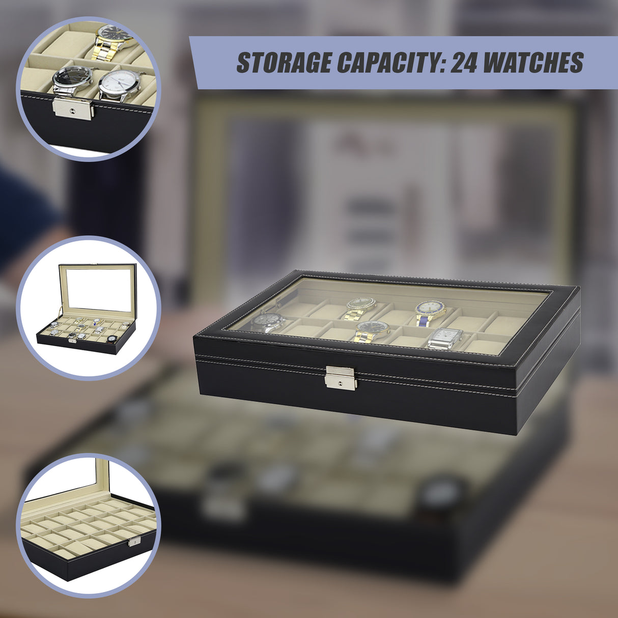 Watch Box - 24 Slot Luxury Display Case With Framed Glass Lid