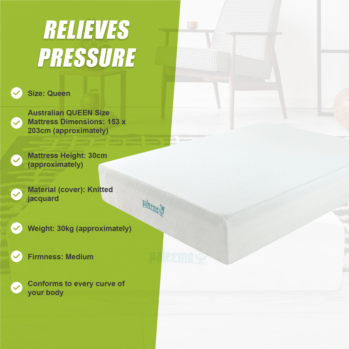 Queen 30cm Green Tea Memory Foam Mattress – Cooling Comfort with CertiPUR-US® Certified Foam