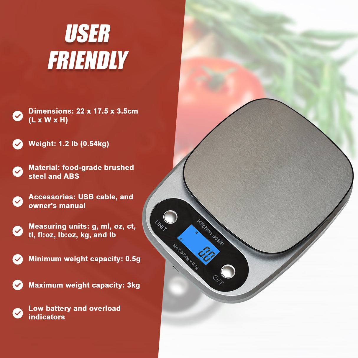 0.1g Digital Kitchen Scale 3kg Rechargeable High Precision Food