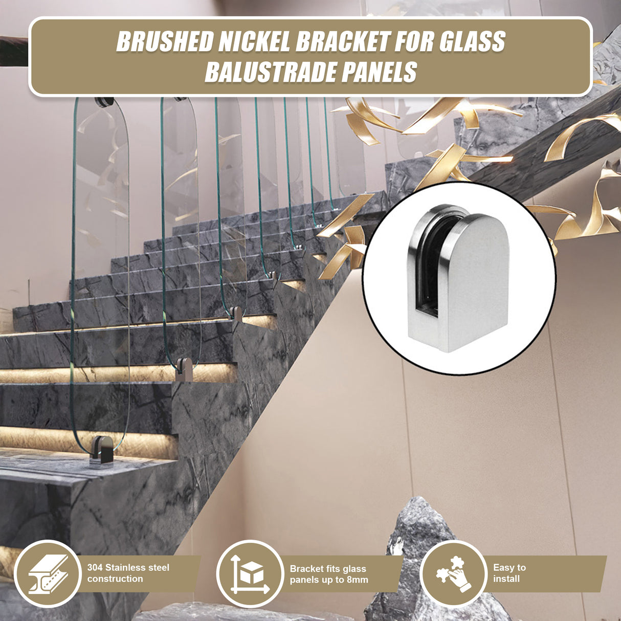 Brushed Nickel Bracket for Glass Balustrade Panels - Set of 2