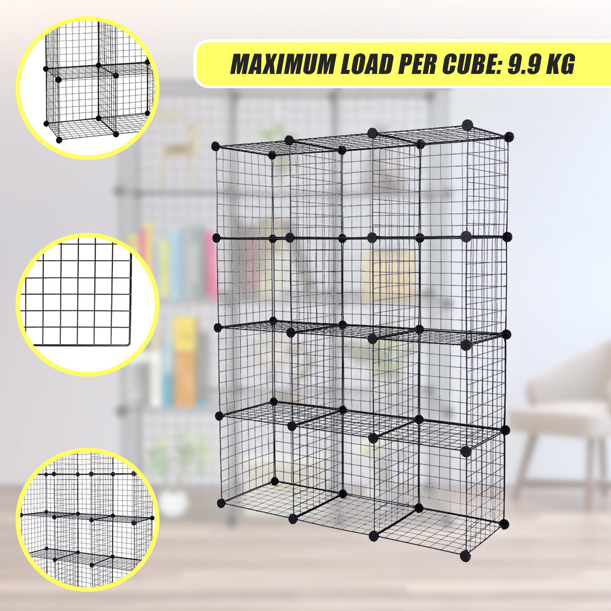 12 Cube Wire Grid Organiser Bookcase Storage Cabinet Wardrobe Closet Black