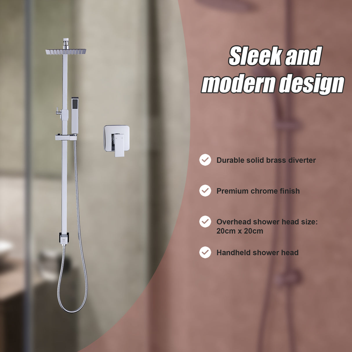 WELS 8" Rain Shower Head Set Square Dual Heads Faucet High Pressure With Mixer