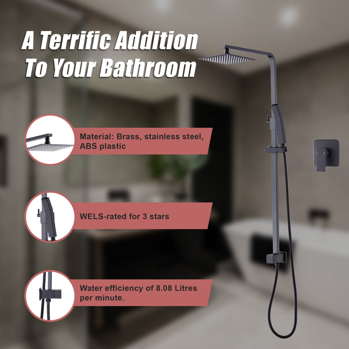 WELS 8" Rain Shower Head Set Square Dual Heads Faucet High Pressure With Mixer