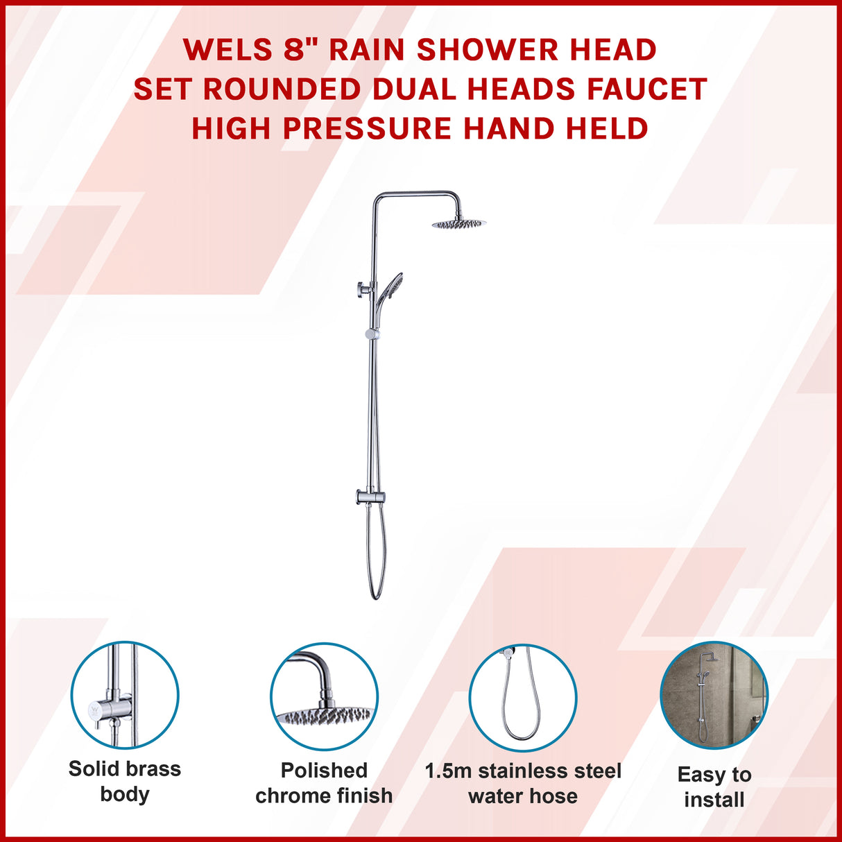 WELS 8" Rain Shower Head Set Rounded Dual Heads Faucet High Pressure Hand Held