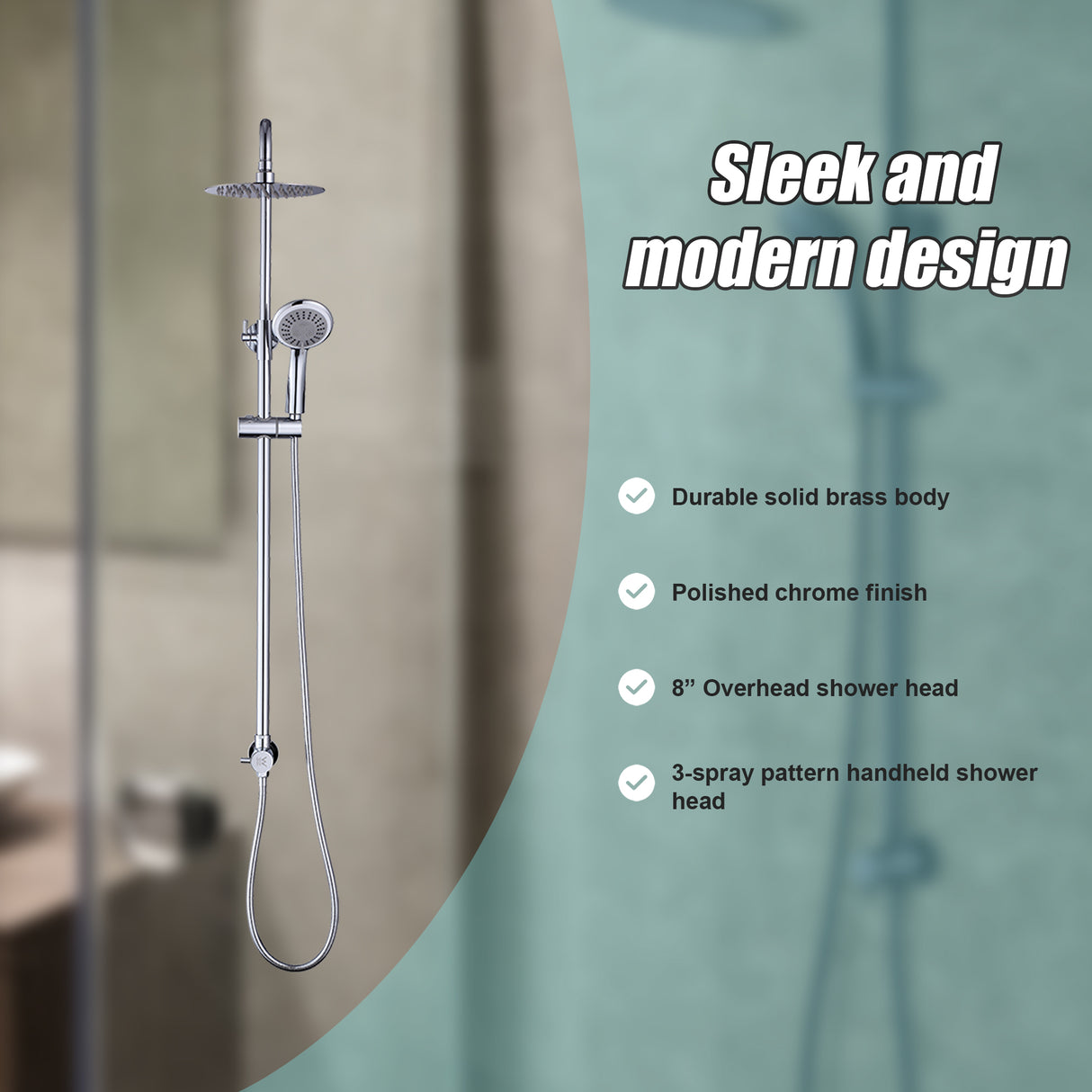 WELS 8" Rain Shower Head Set Rounded Dual Heads Faucet High Pressure Hand Held