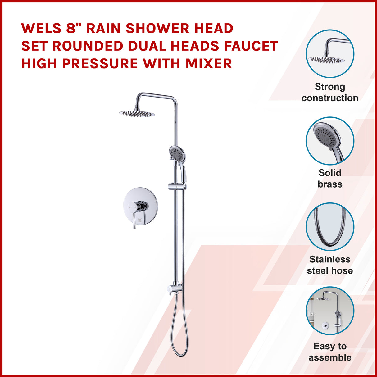 WELS 8" Rain Shower Head Set Rounded Dual Heads Faucet High Pressure With Mixer