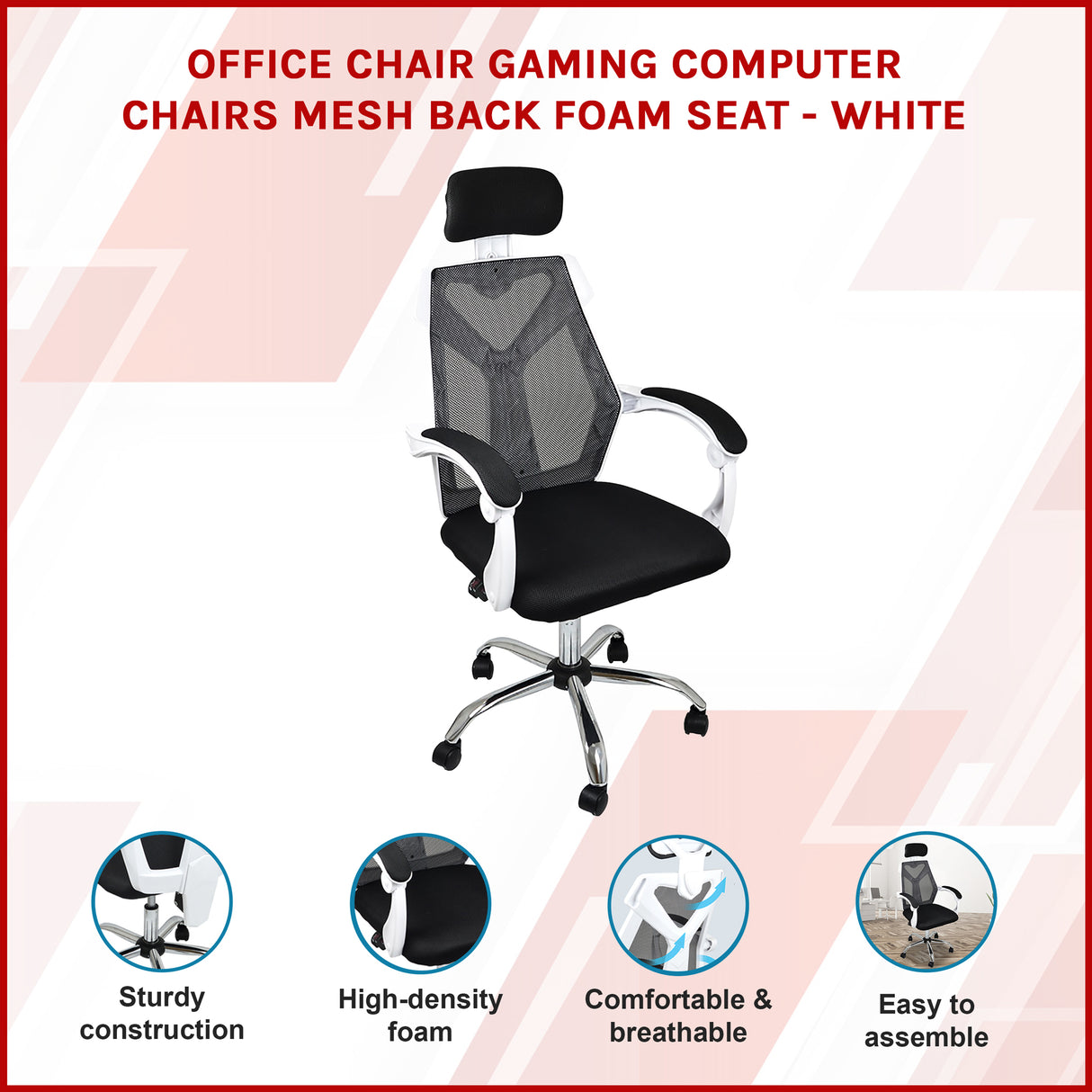 Office Chair – Ergonomic Mesh Back Computer Desk White Chair with Padded Foam Seat