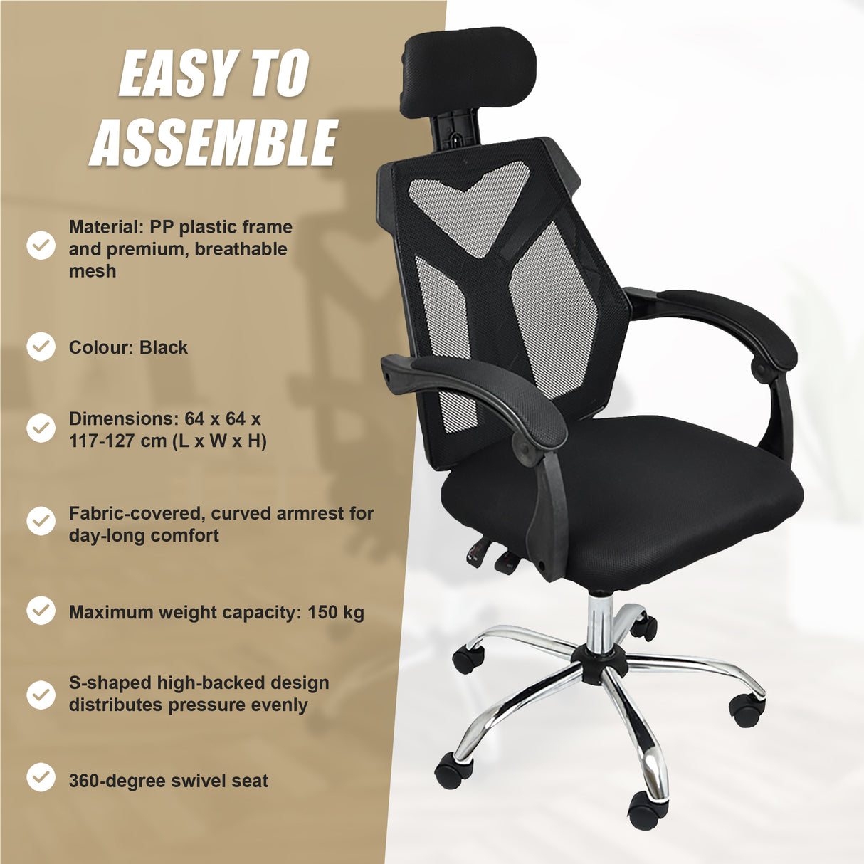 Office Chair – Ergonomic Mesh Back Computer Desk Chair with Padded Foam Seat in Black