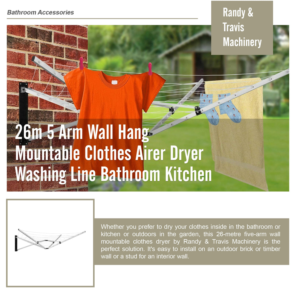 26m 5 Arm Wall Hang Mountable Clothes Airer Dryer Washing Line Bathroom Kitchen