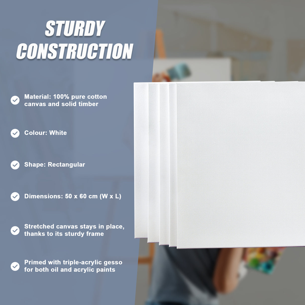 5 pack of 50x60cm Artist Blank Stretched Canvas Canvases Art Large White Range Oil Acrylic Wood