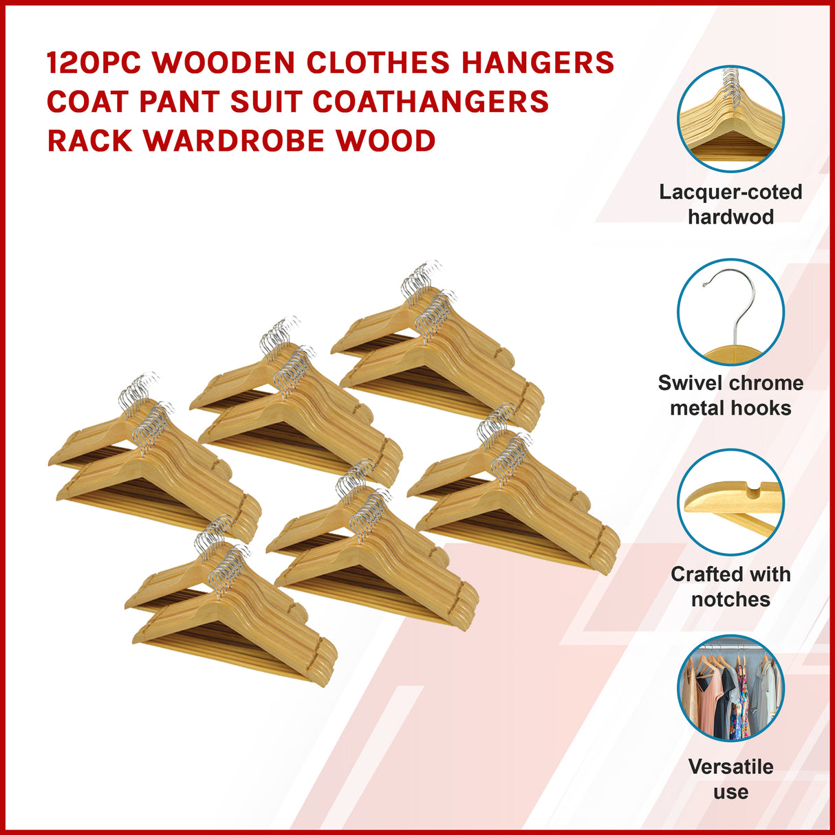 120pc Wooden Clothes Hangers Coat Pant Suit Coathangers Rack Wardrobe Wood