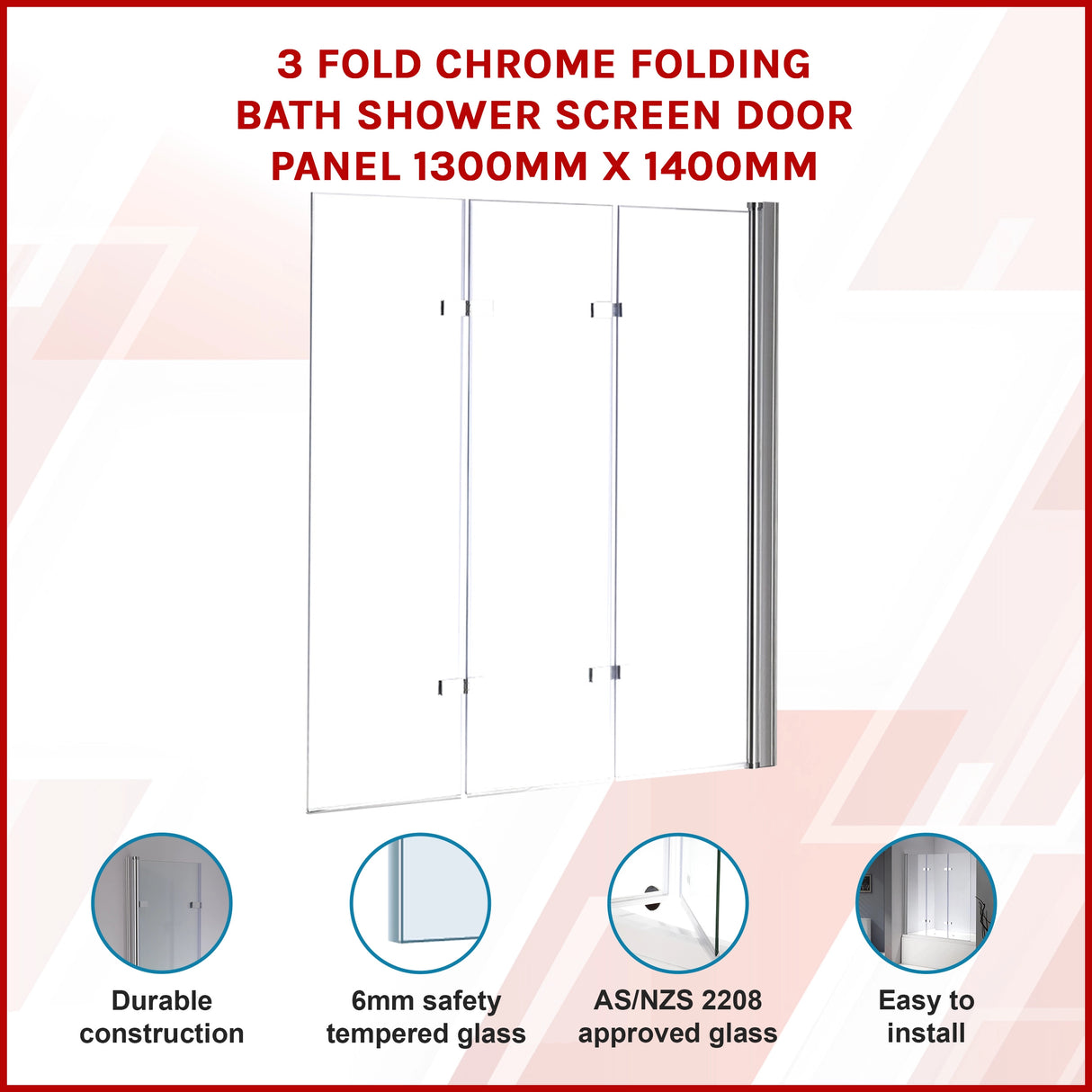 3 Fold Chrome Folding Bath Shower Screen Door Panel 1300mm x 1400mm