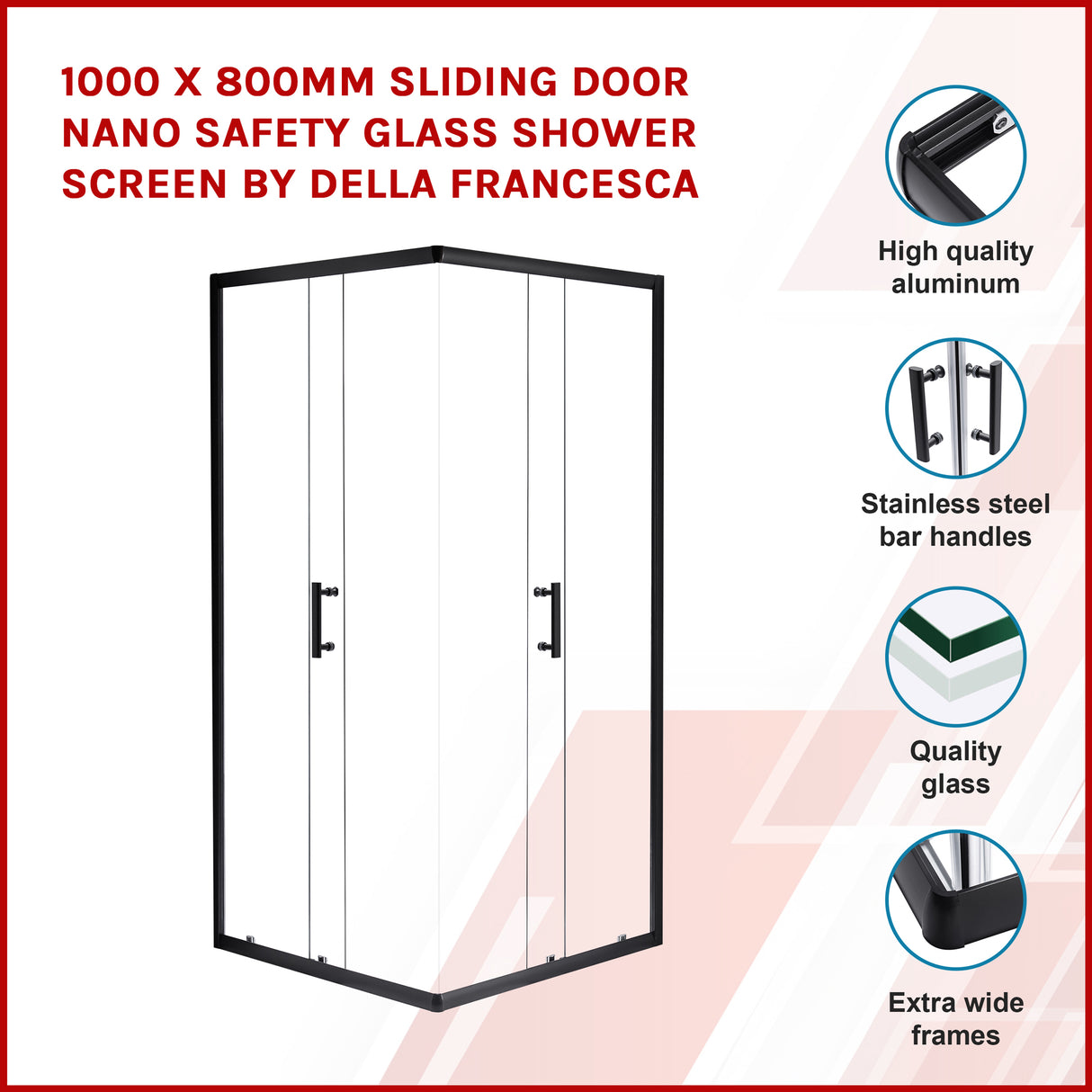 1000 x 800mm Sliding Door Nano Safety Glass Shower Screen By Della Francesca