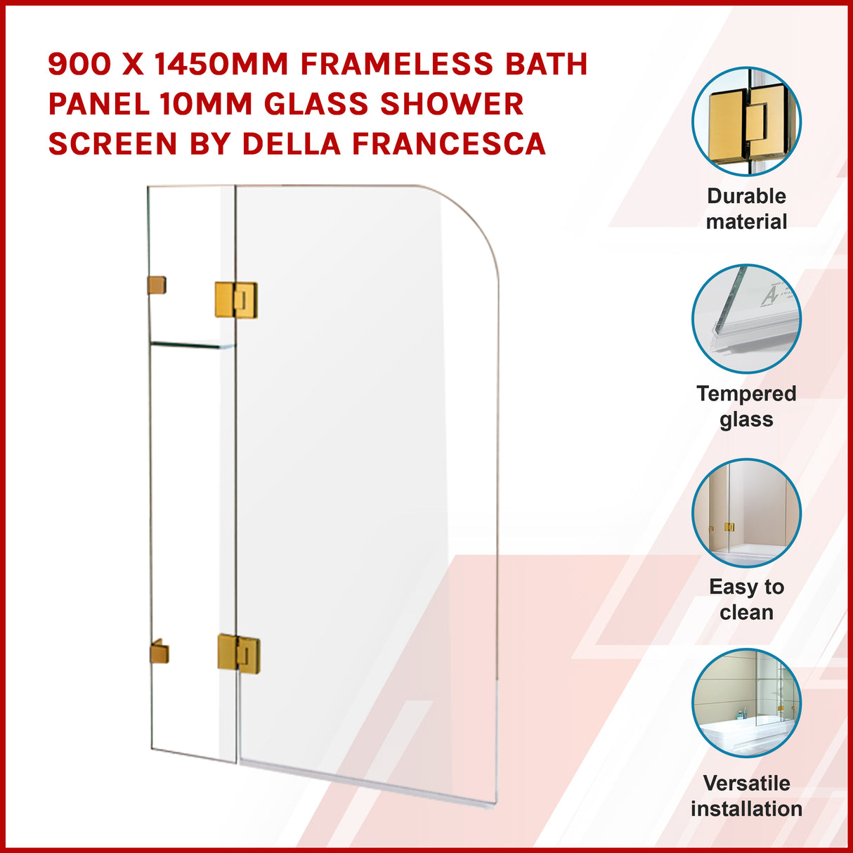 900 x 1450mm Frameless Bath Panel 10mm Glass Shower Screen By Della Francesca