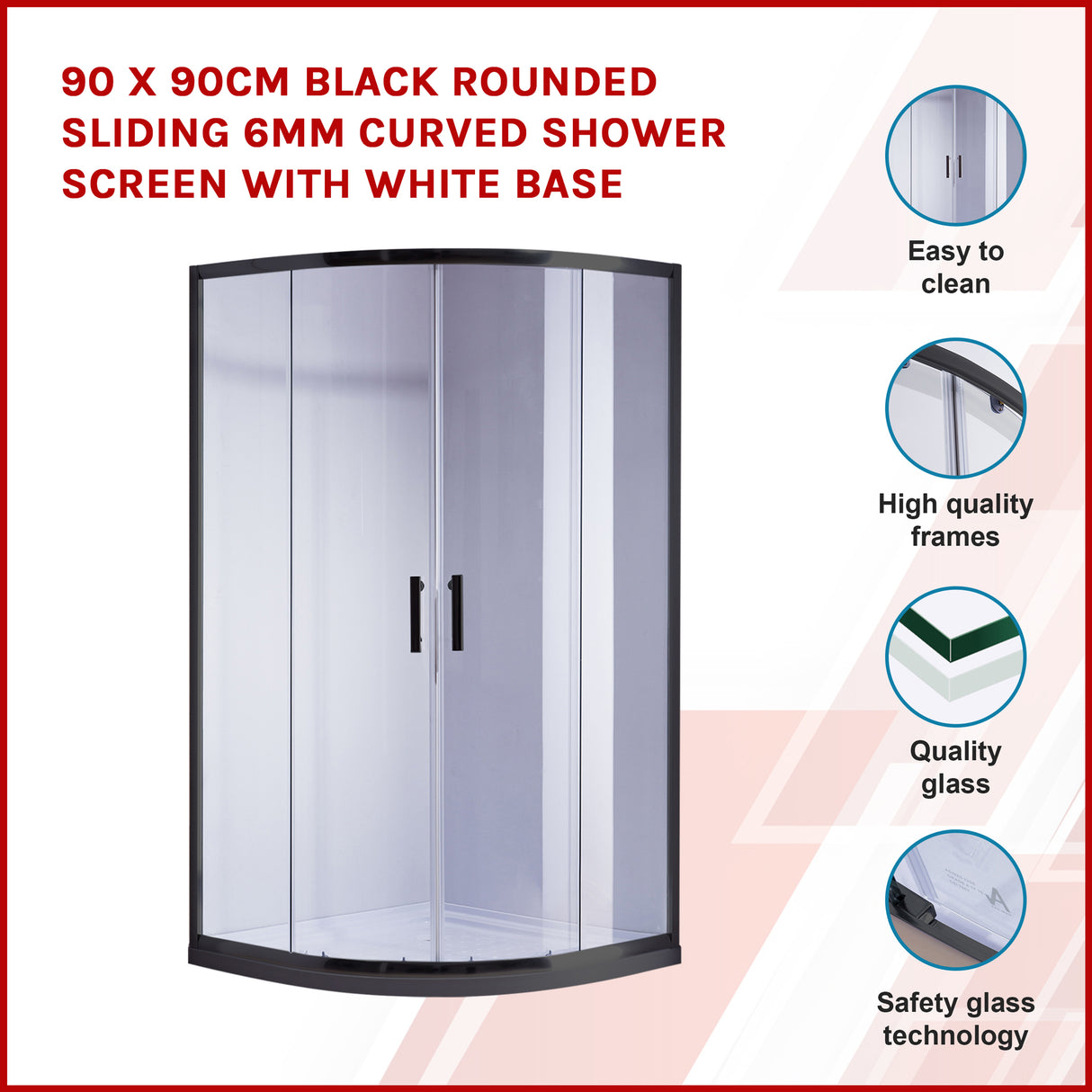 90 x 90cm Black Rounded Sliding 6mm Curved Shower Screen with White Base