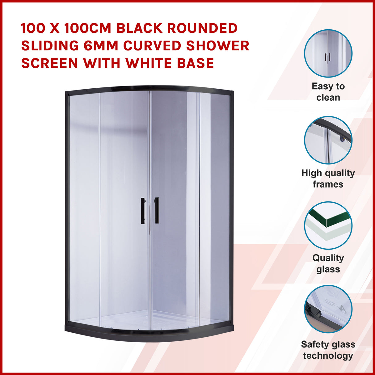 100 x 100cm Black Rounded Sliding 6mm Curved Shower Screen with White Base