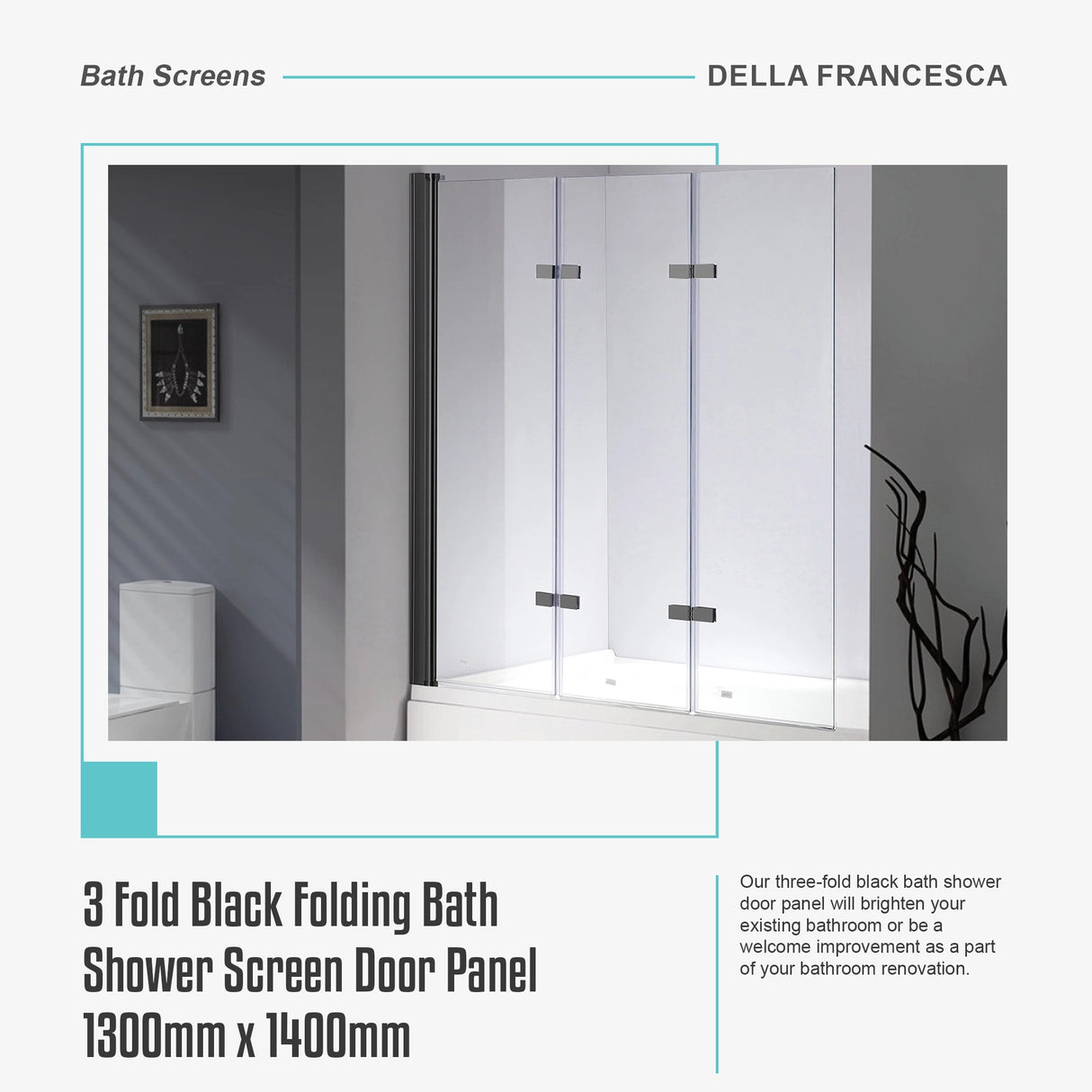3 Fold Black Folding Bath Shower Screen Door Panel 1300mm x 1400mm