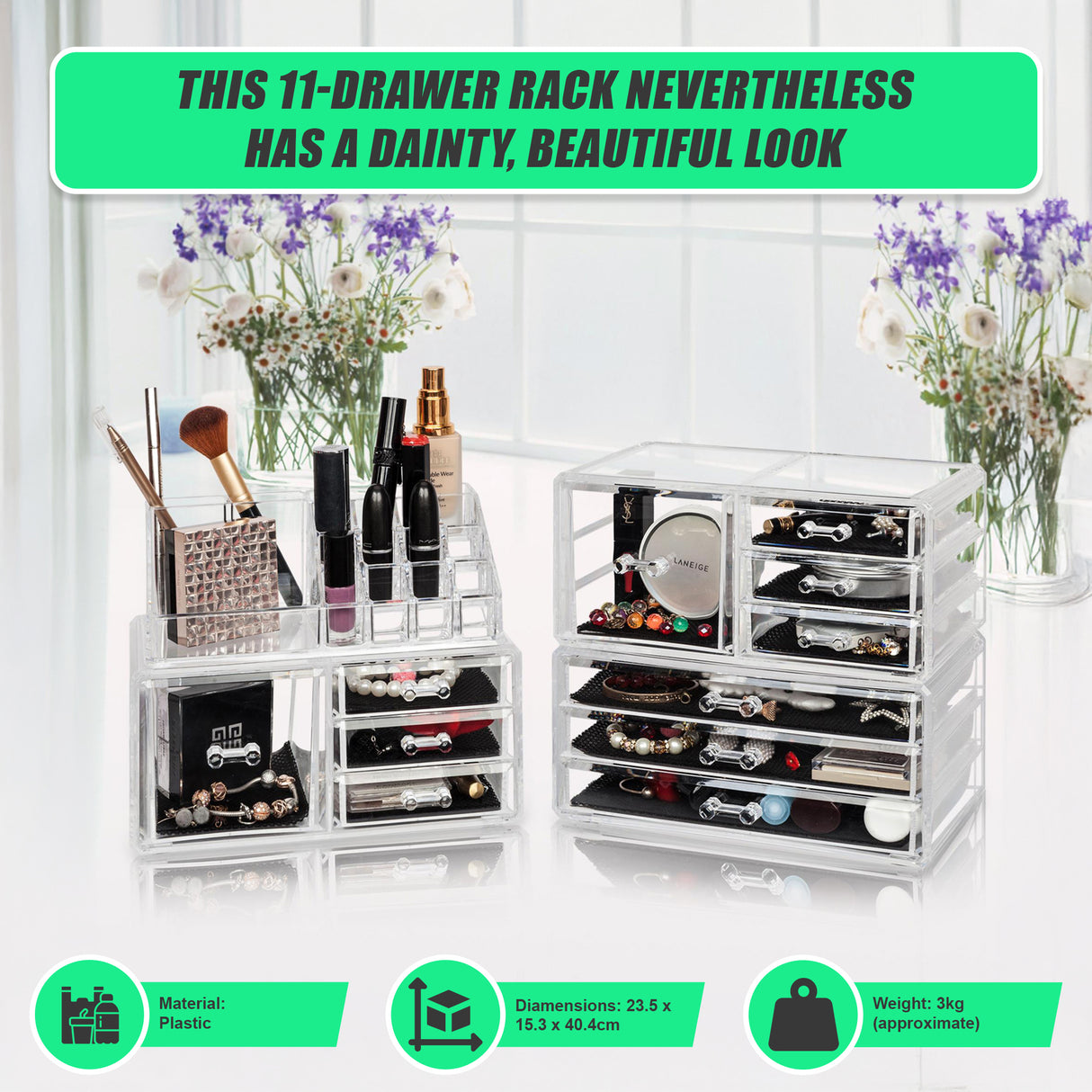 11 Drawers Clear Acrylic Tower Organiser Cosmetic jewellery Luxury Storage Cabinet