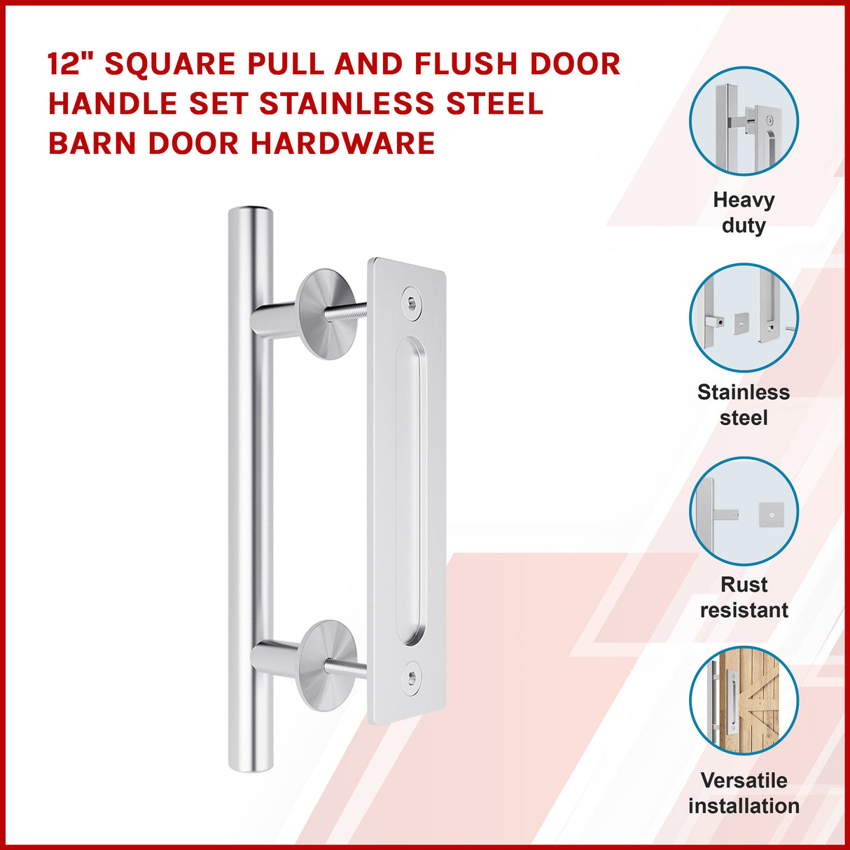 12" Square Pull and Flush Door Handle Set Stainless Steel Barn Door Hardware