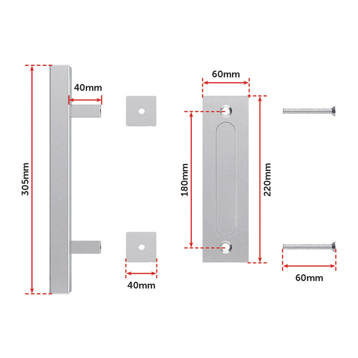 12" Square Pull and Flush Door Handle Set Stainless Steel Barn Door Hardware