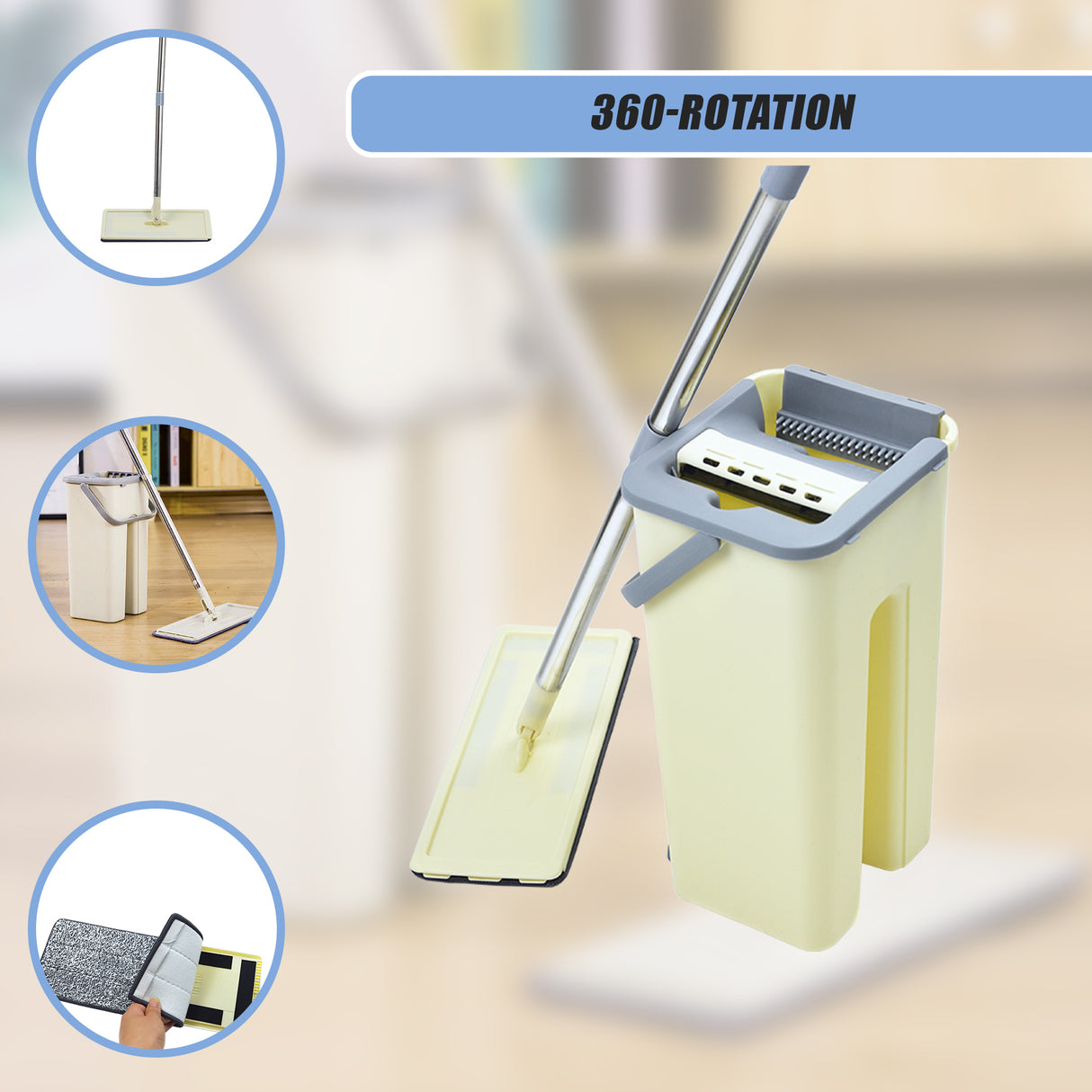 4x Microfiber Pads Flat Mop Bucket Kit 360 Rotating Self Wash Cleaning