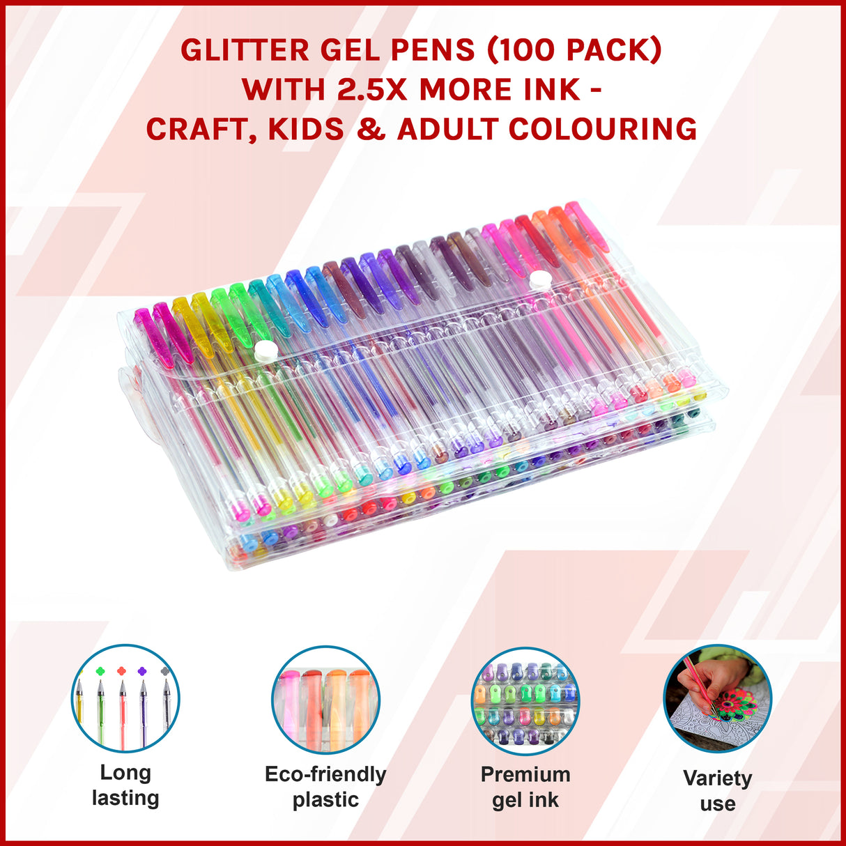 Glitter Gel Pens (100 pack) with 2.5X More Ink - Craft, Kids & Adult Colouring