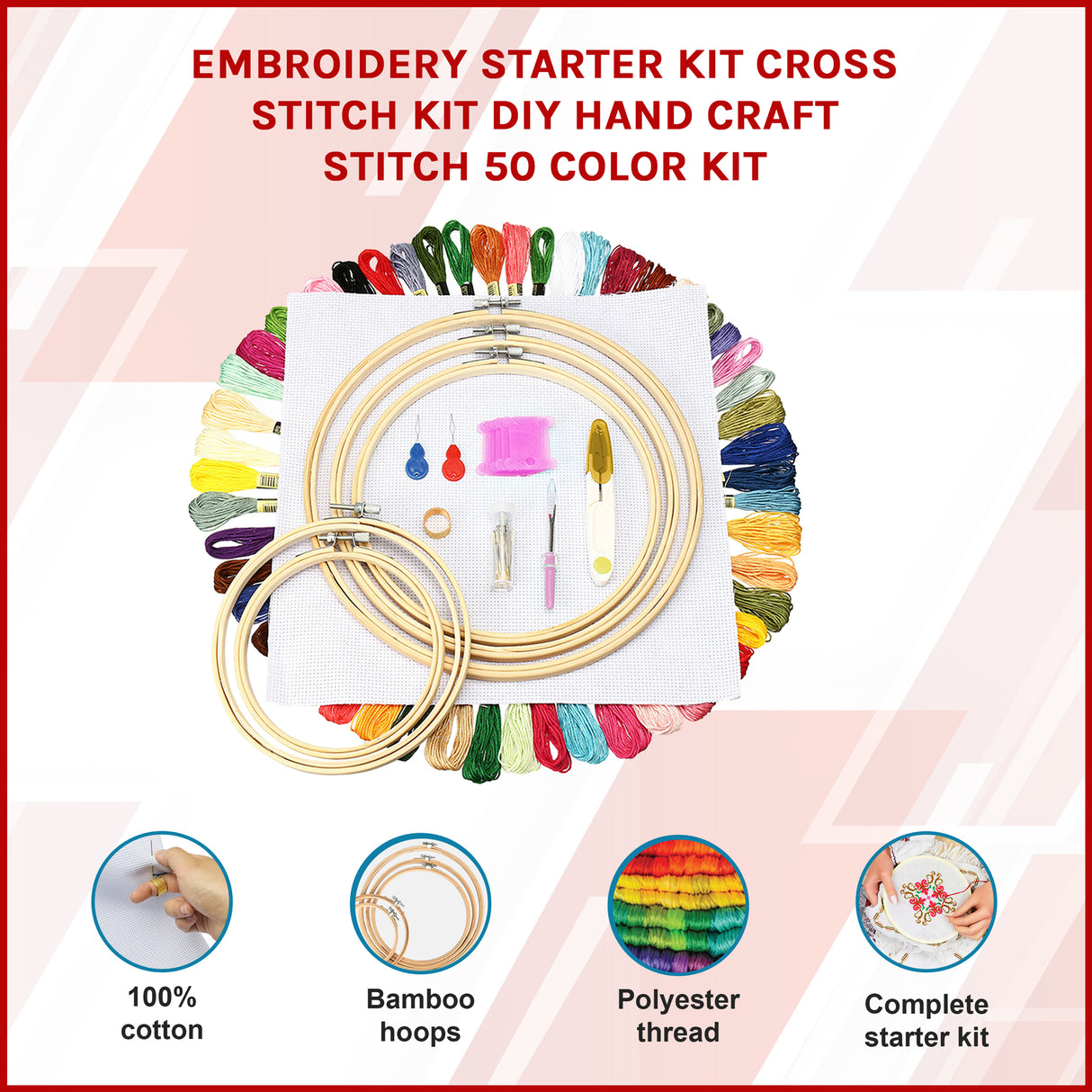 Embroidery Starter Kit Cross Stitch Kit DIY Hand Craft Stitch 50 Colour Kit