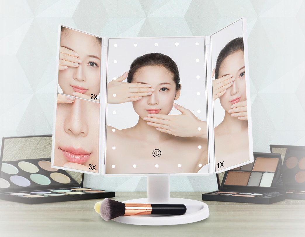 Makeup Mirror With LED Light Standing Mirror Magnifying Tri-Fold Touch