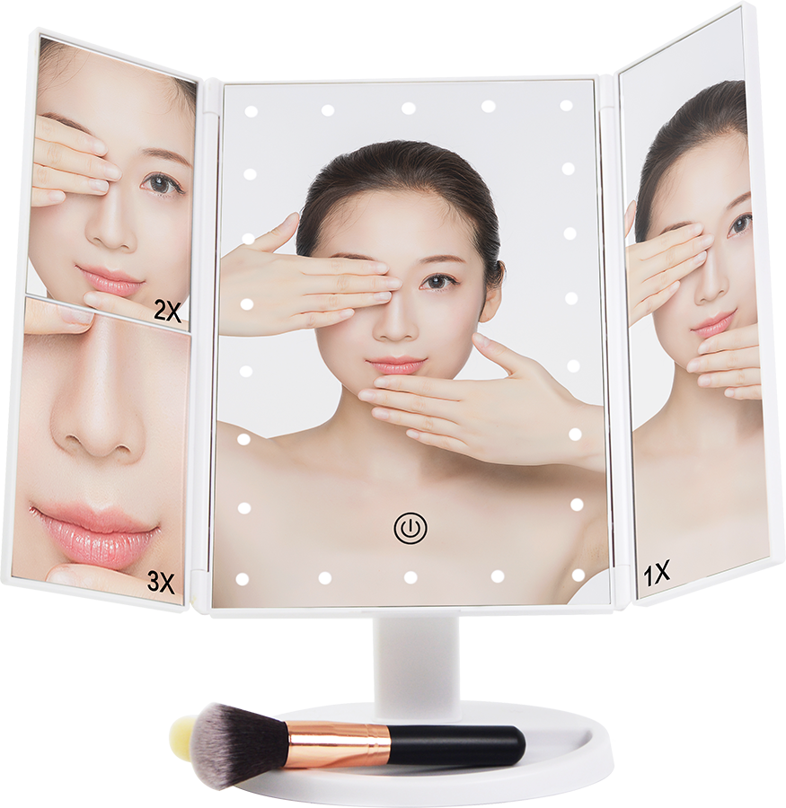 Makeup Mirror With LED Light Standing Mirror Magnifying Tri-Fold Touch