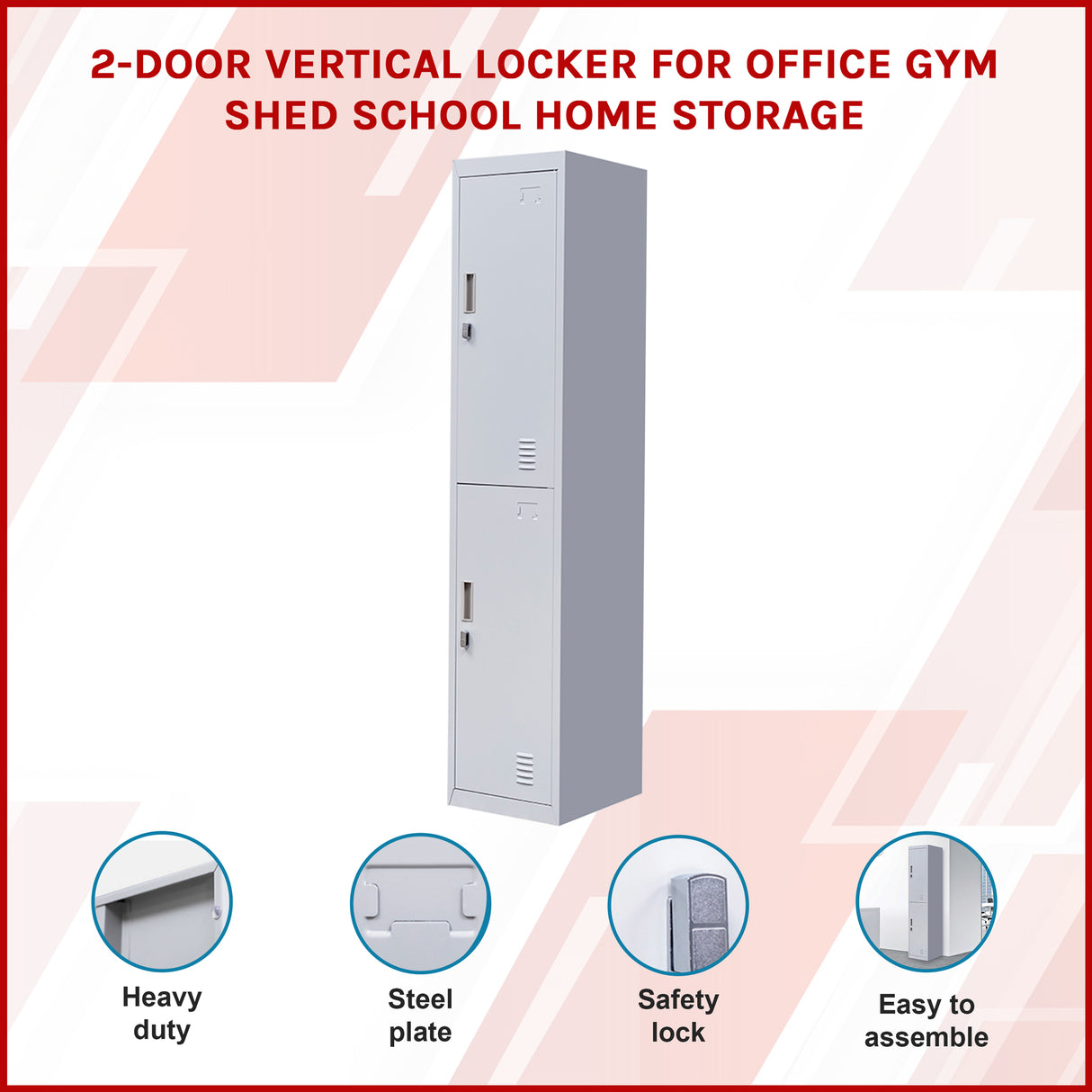 2-Door Vertical Locker for Office Gym Shed School Home Storage