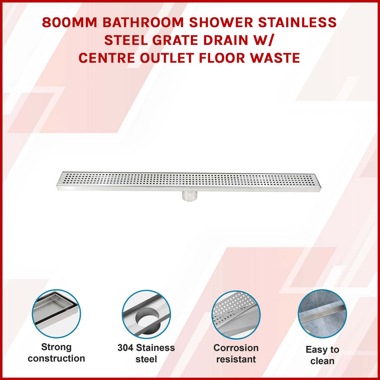 800mm Bathroom Shower Stainless Steel Grate Drain w/Centre outlet Floor Waste