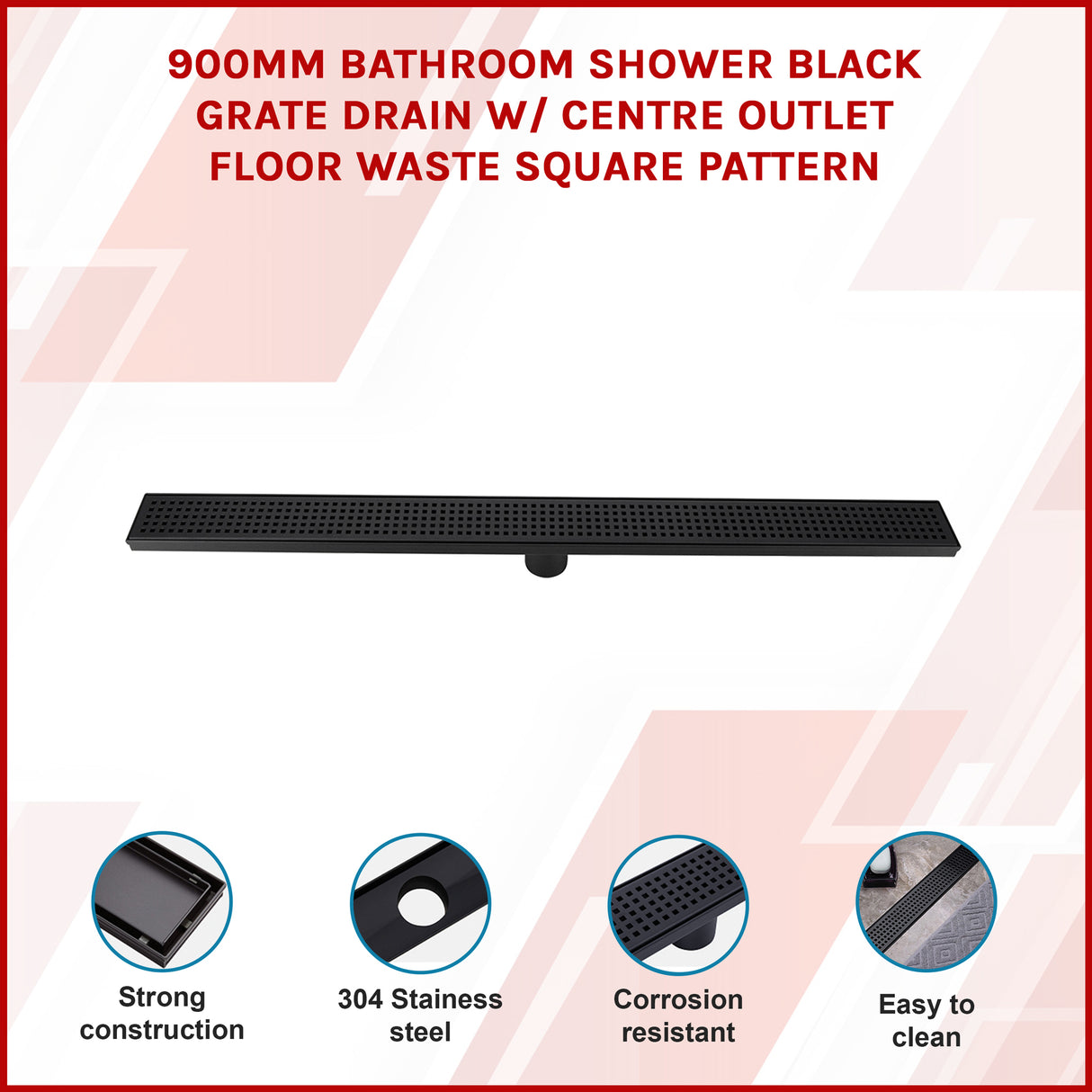 900mm Bathroom Shower Black Grate Drain w/Centre outlet Floor Waste Square Pattern