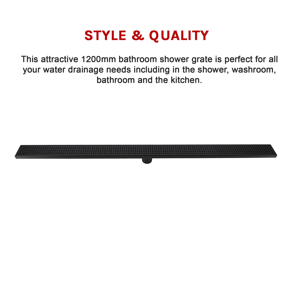 1200mm Bathroom Shower Black Grate Drain w/Centre outlet Floor Waste Square Pattern