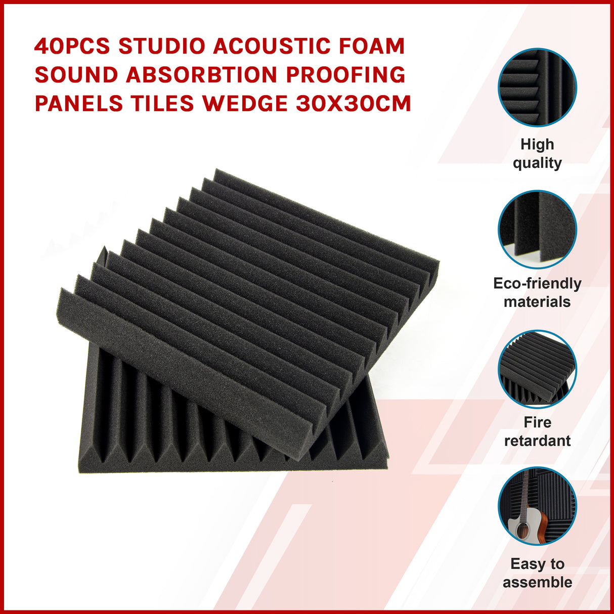 40pcs Studio Acoustic Foam Sound Absorbtion Proofing Panels Tiles Wedge 30X30CM