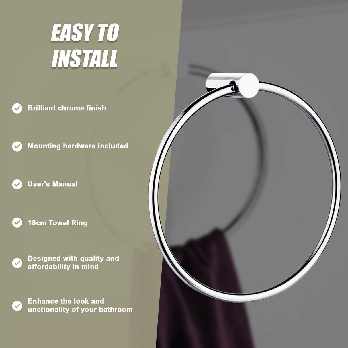 Towel Ring Rail Grade 304 Stainless Steel 18cm