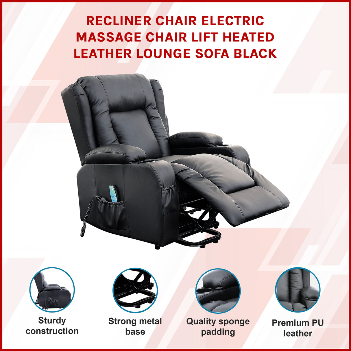 Recliner Chair – Electric Massage Lift Chair with Heat Function PU Leather Lounge Sofa Black