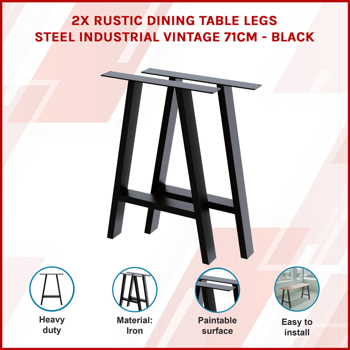 2x Rustic Dining Table Legs Steel Industrial Vintage 71cm - Black