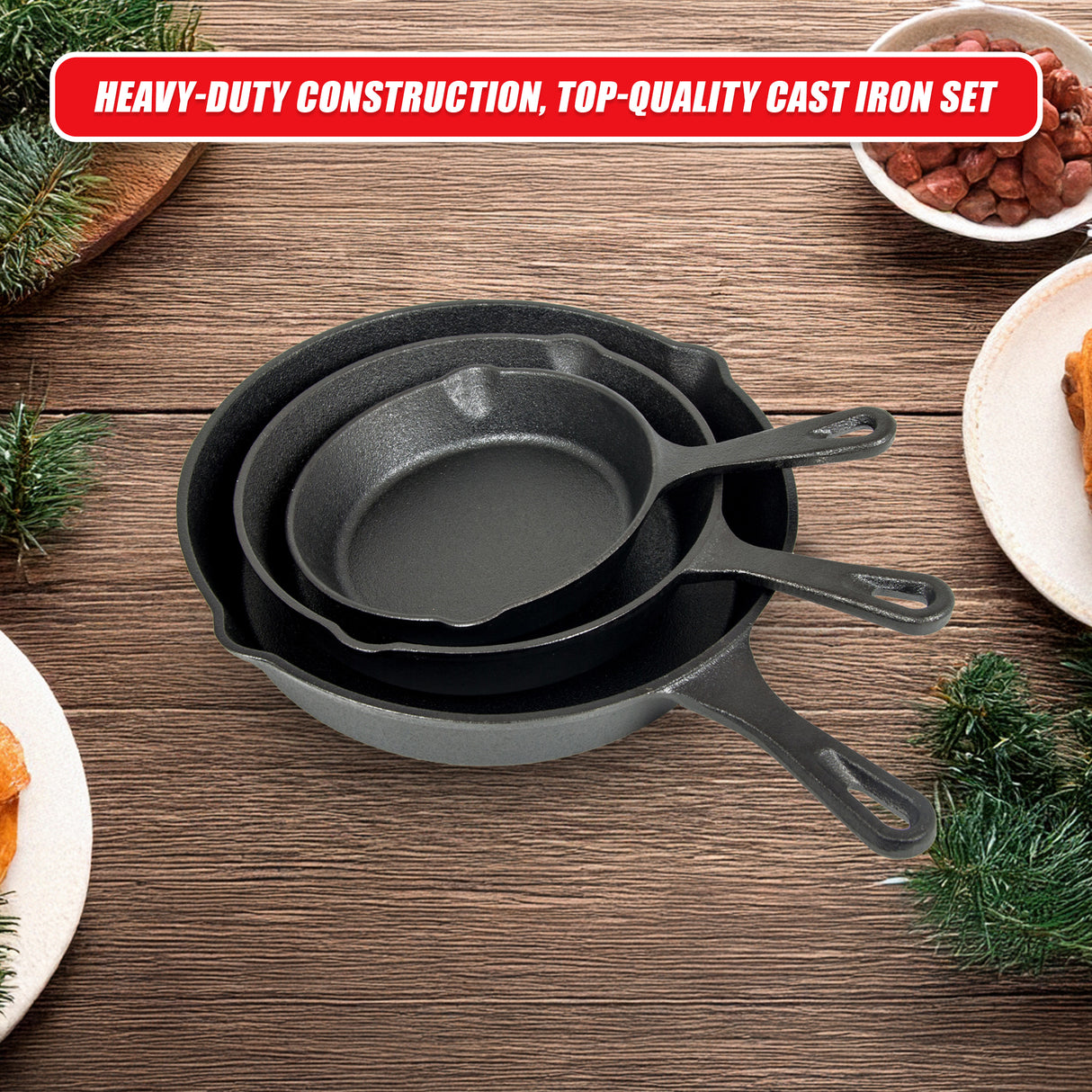 Pre Seasoned Cast Iron Skillet Fry Pan Set 3 Pcs Frying Pan Set