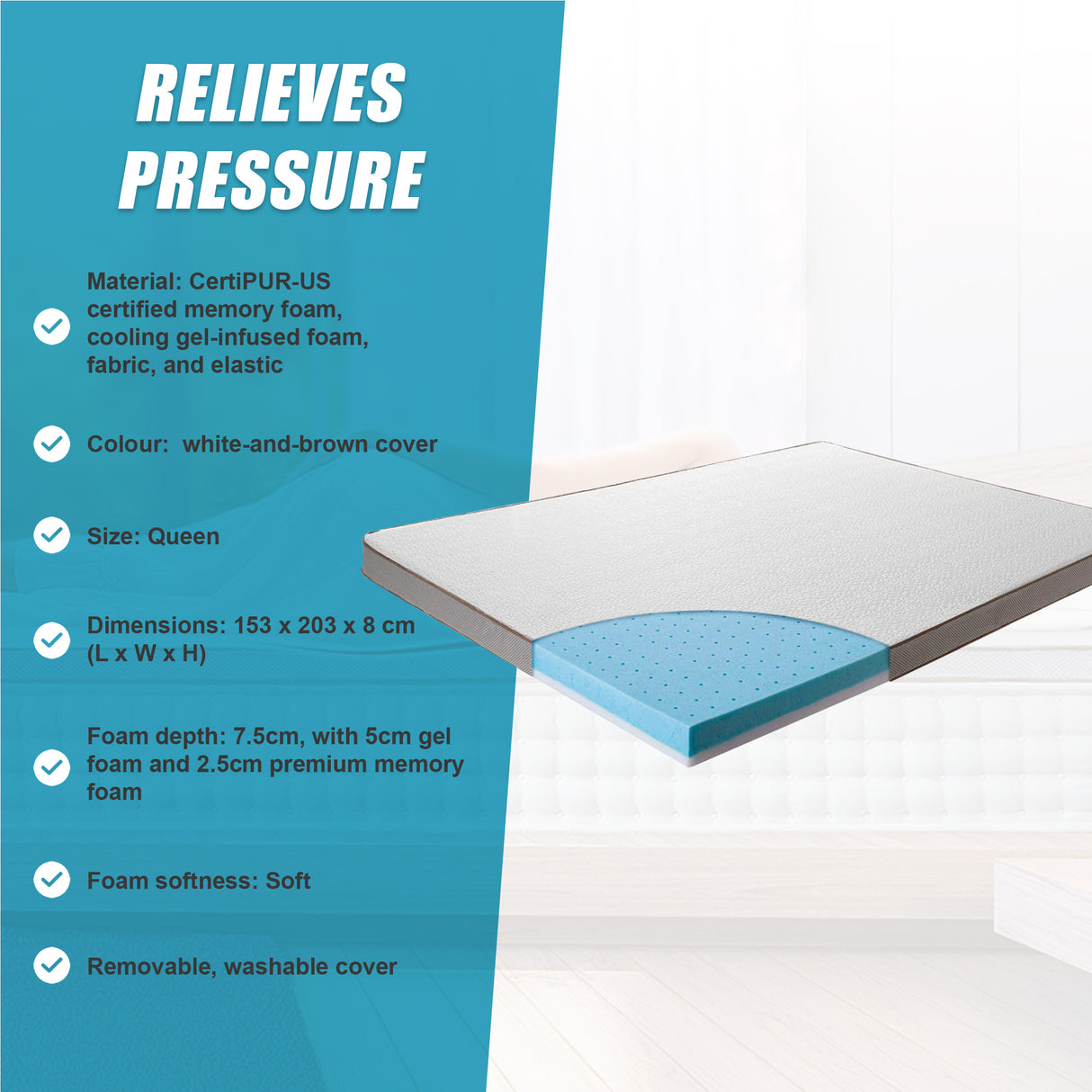 Queen Cooling Gel Memory Foam Mattress Topper – CertiPUR-US® Certified Foam