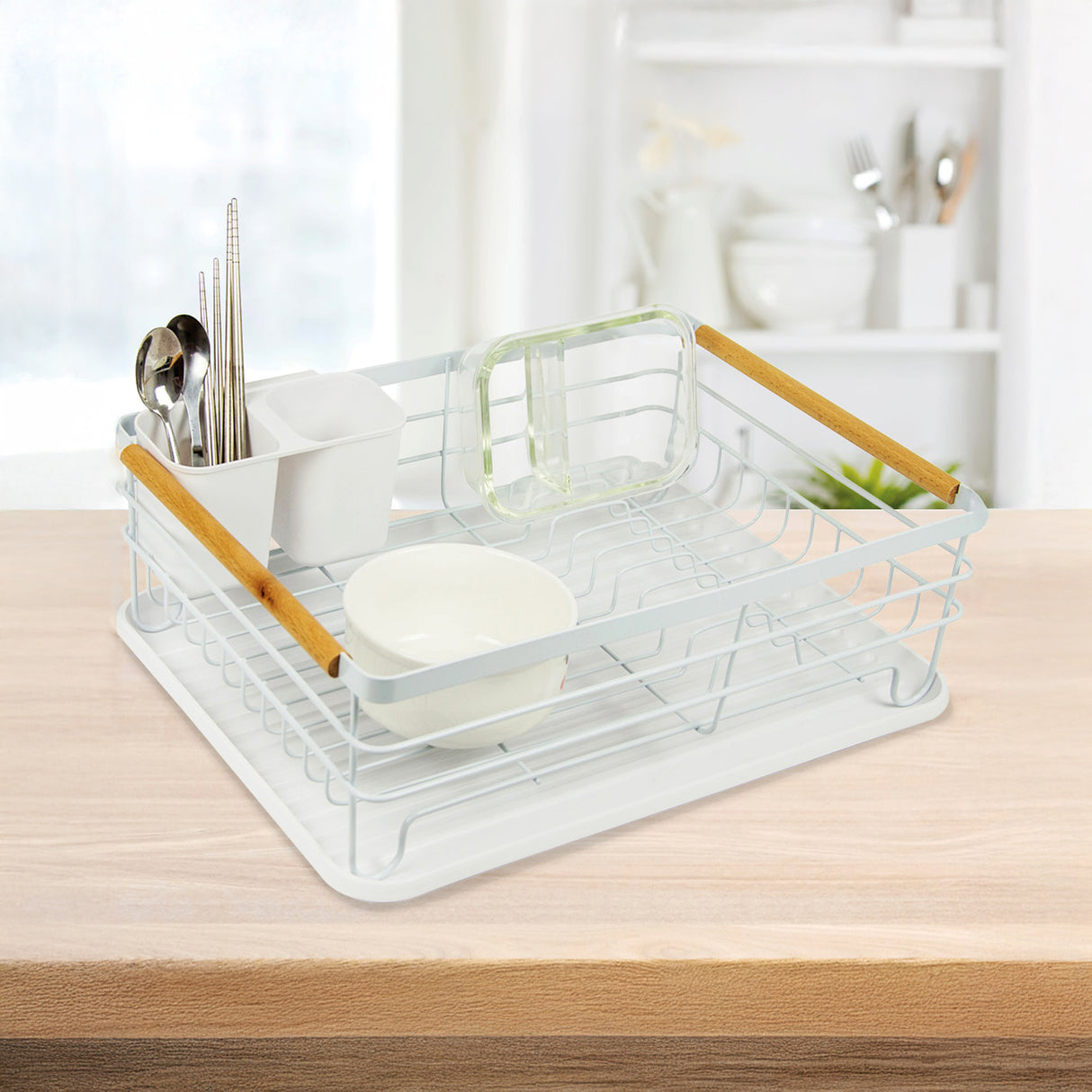 Metal Dish Drying Rack Drainboard Holder Tray Kitchen Plates Cutlery Wood Handle