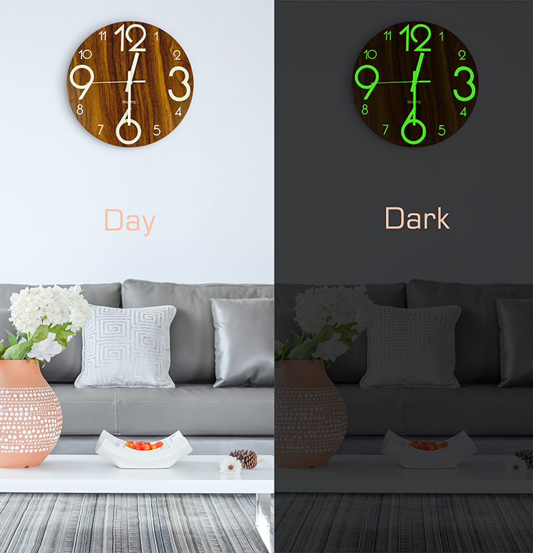 Glow In Dark Wall Clock Luminous Quartz Quiet Wooden Home Decor 30cm