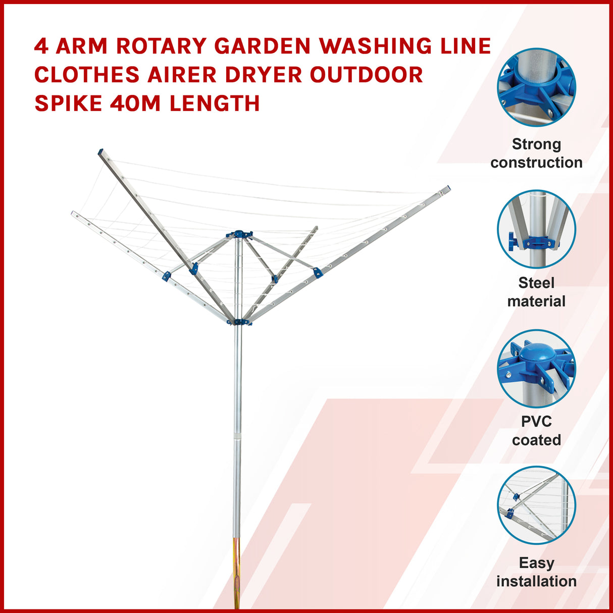 4 Arm Rotary Garden Washing Line Clothes Airer Dryer Outdoor Spike 40m Length