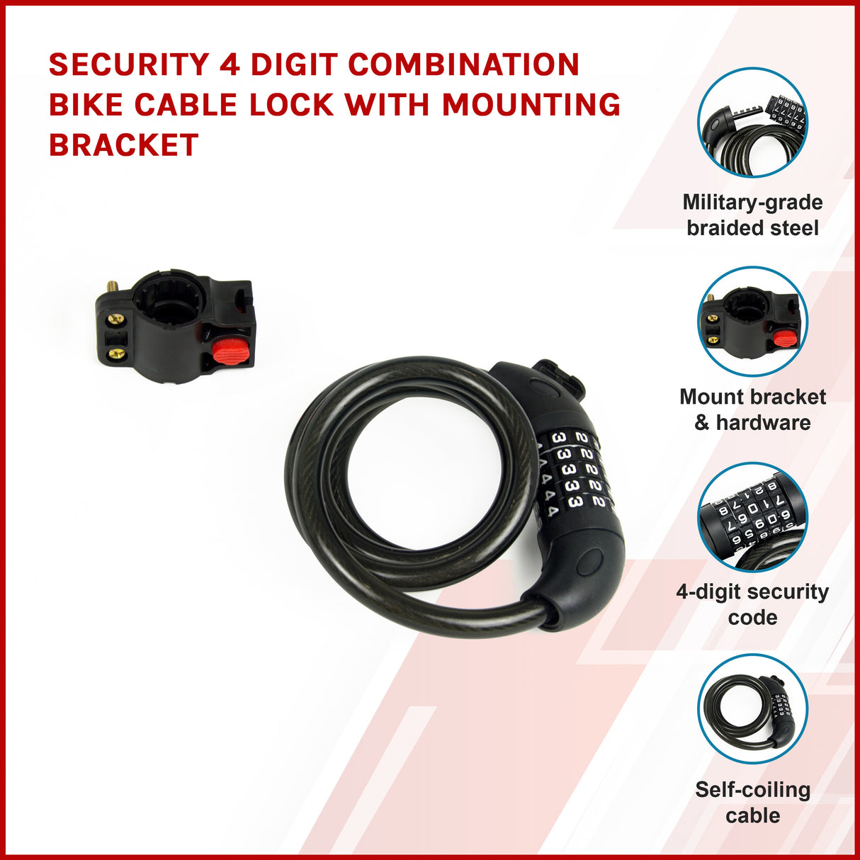 Security 5 Digit Combination Bike Cable Lock with Mounting Bracket