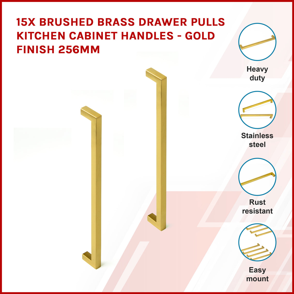 15x Brushed Brass Drawer Pulls Kitchen Cabinet Handles - Gold Finish 256mm