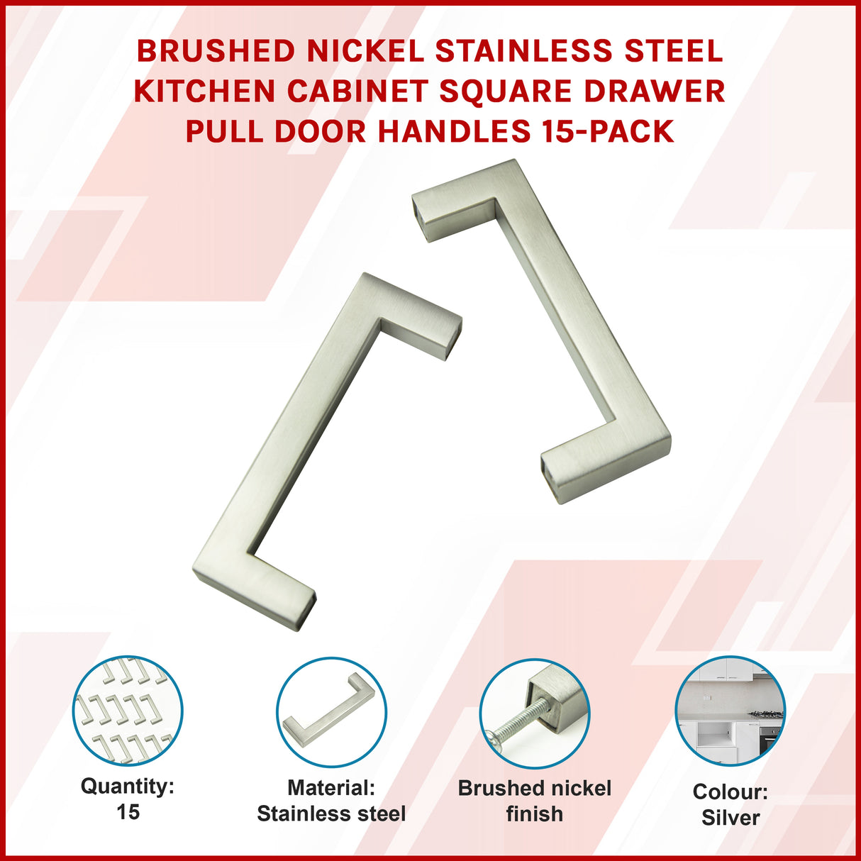 Brushed Nickel Stainless Steel Kitchen Cabinet Square Drawer Pull Door Handles 15-Pack