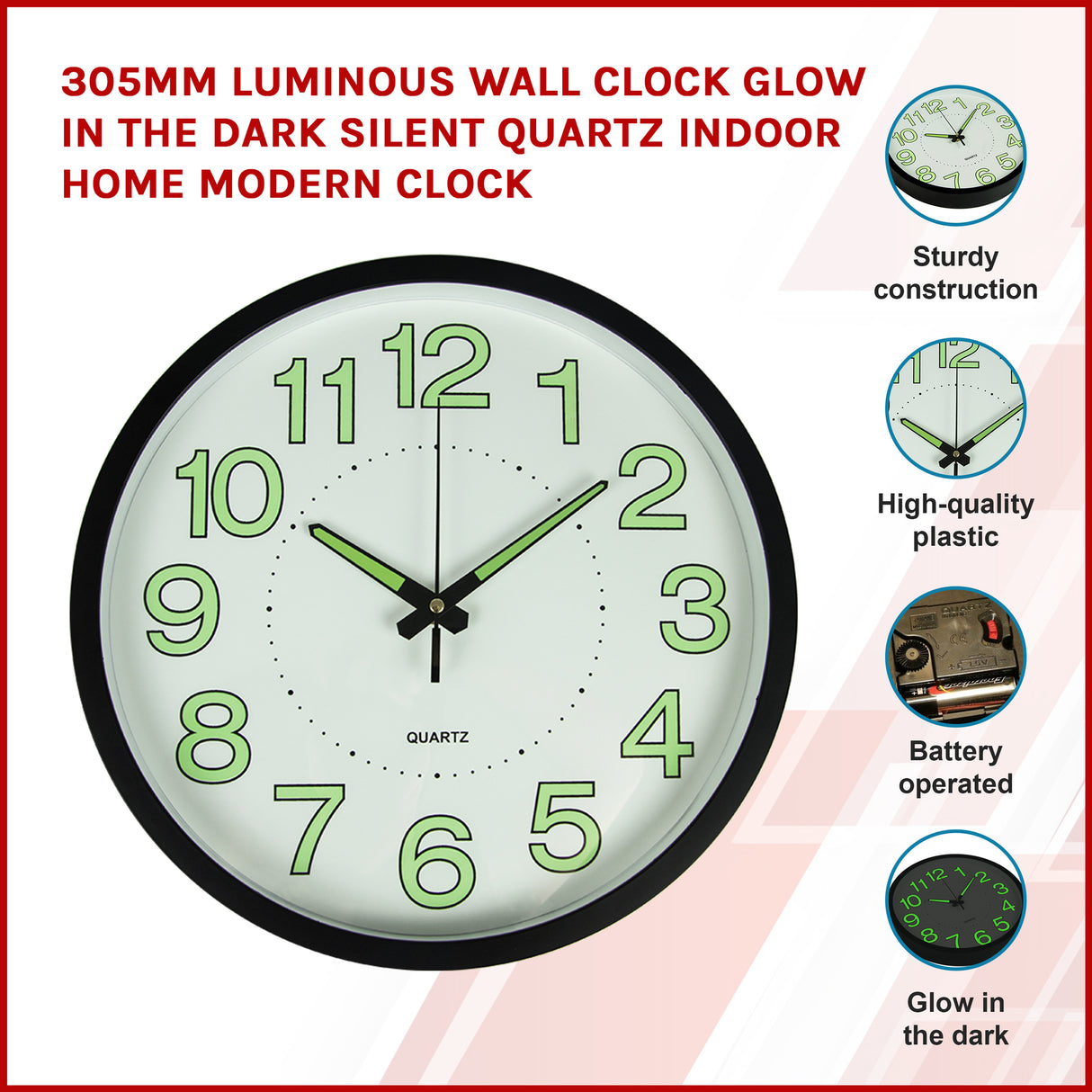 305mm Luminous Wall Clock Glow In The Dark Silent Quartz Indoor Home Modern Clock