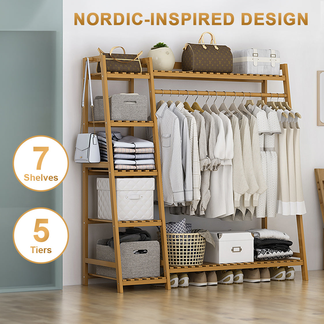 Portable Clothes Rack Coat Garment Stand Bamboo Rail Hanger Airer Closet