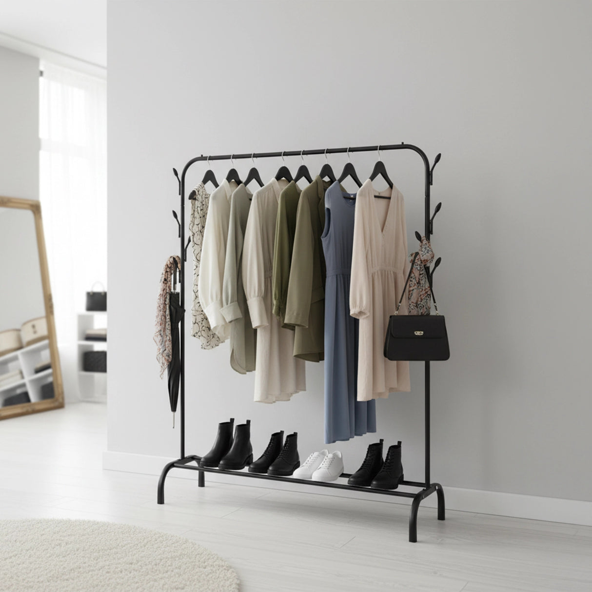 Closet Organizer Metal Garment Rack Portable Clothes Hanger Storage Shoes Rack Black
